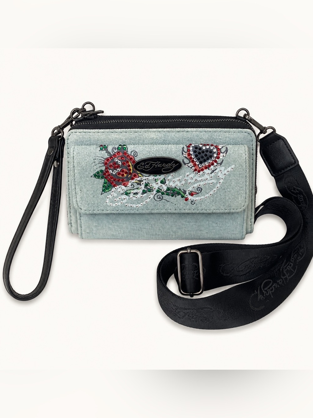 Ed Hardy Pale Blue Embroidered Floral Crossbody Wallet with Black Strap